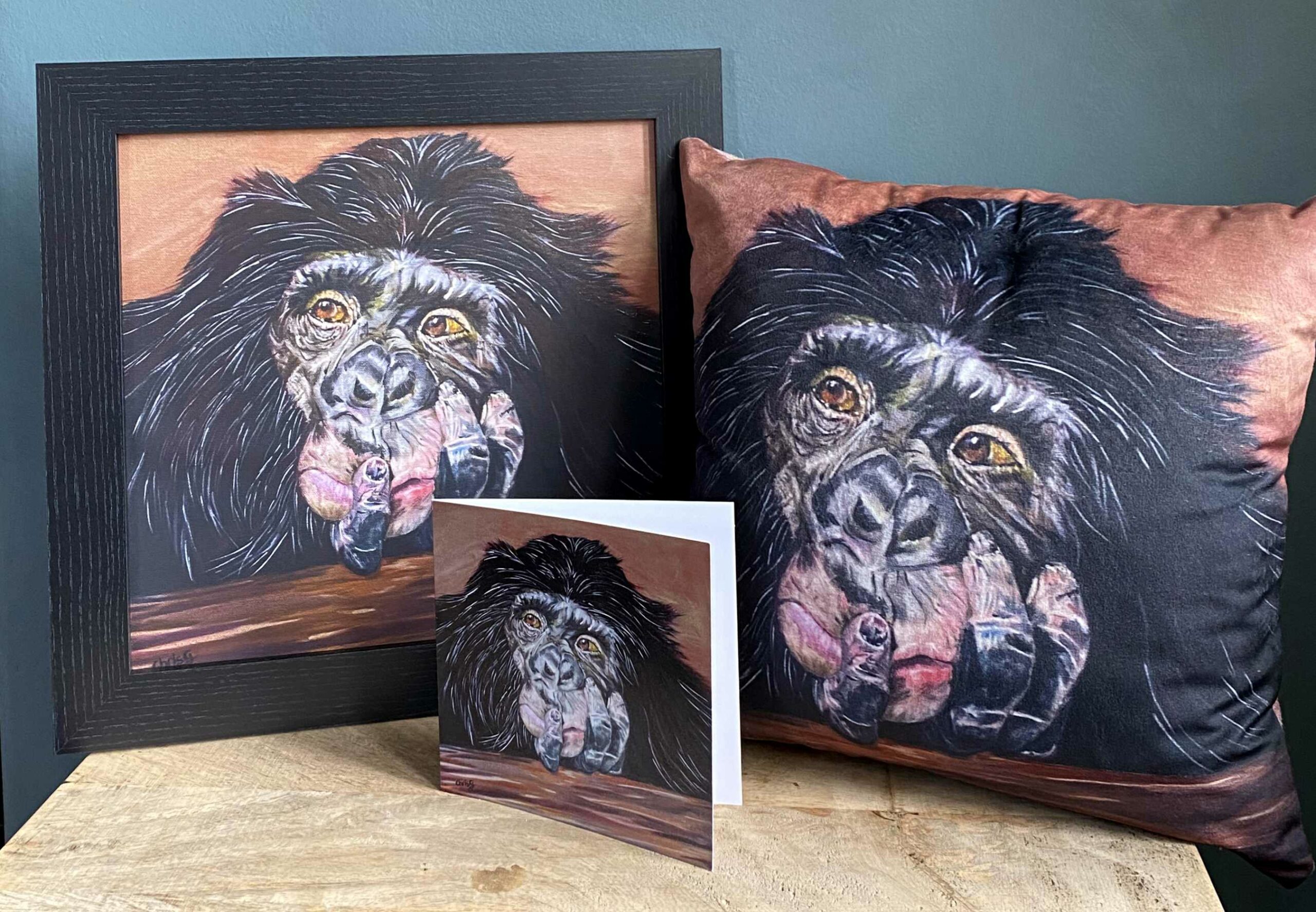 Framed canvas print, cushion soft velvet, and gift card all with Ruby my thoughtful chimp on