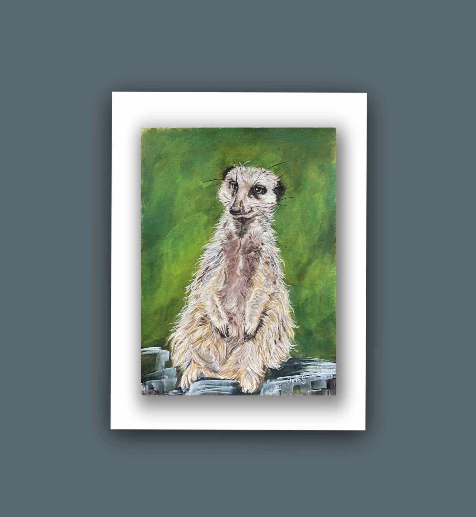 Original painting of a Meerkat called “Mitch” painted with acrylics sat up right on rocks with an emerald background 