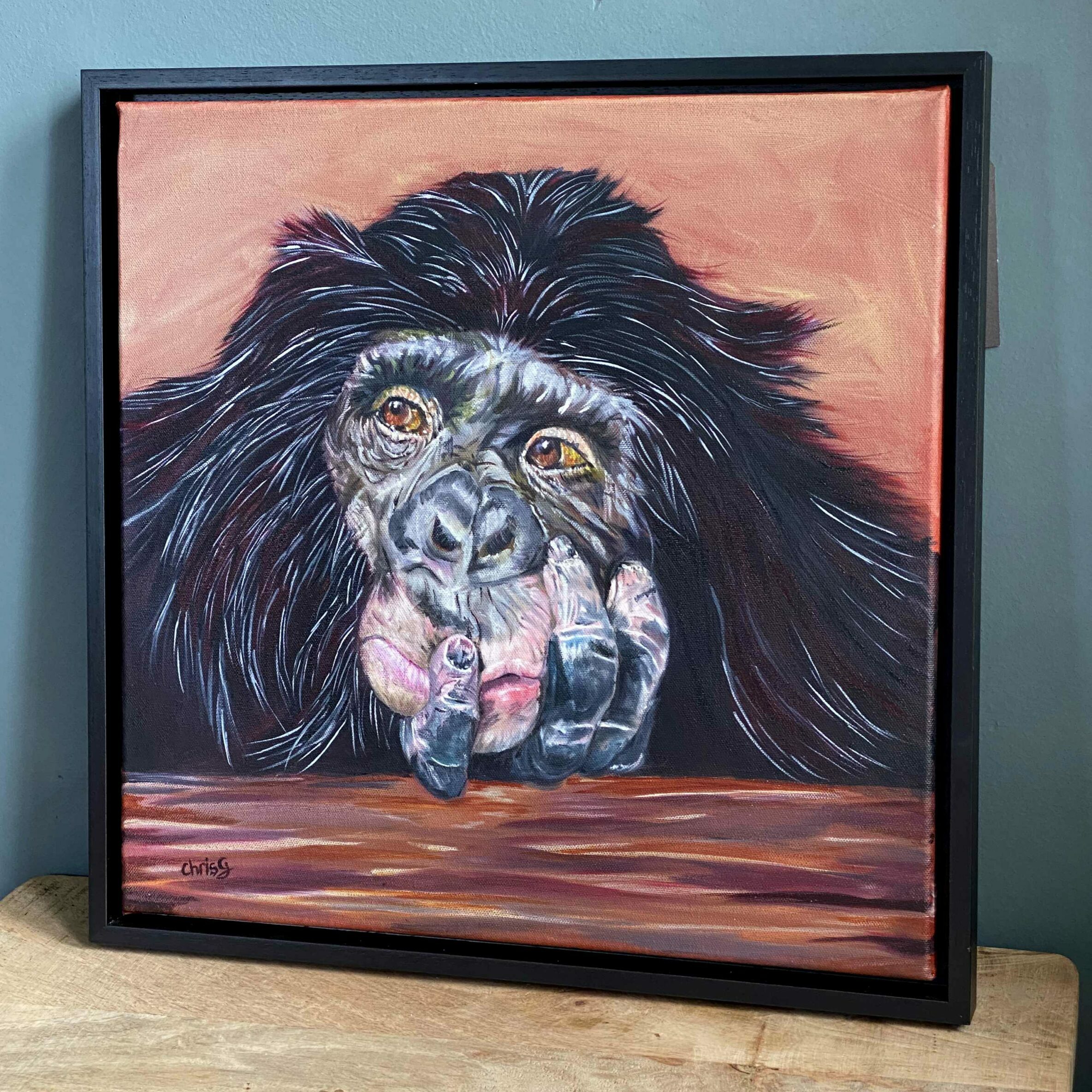 Original oil painting of Ruby my thoughtful Chimp 